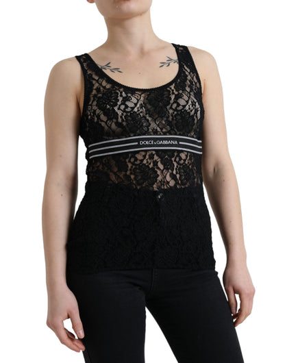 Dolce & Gabbana Schwarzes Logo-Streifen-Spitzen-Tank-Top ohne Ärmel