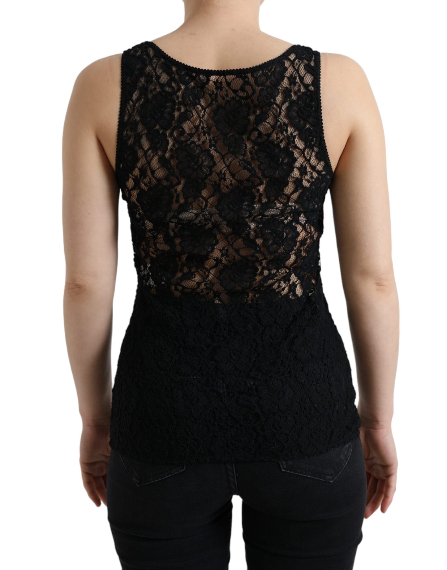 Dolce & Gabbana Schwarzes Logo-Streifen-Spitzen-Tank-Top ohne Ärmel