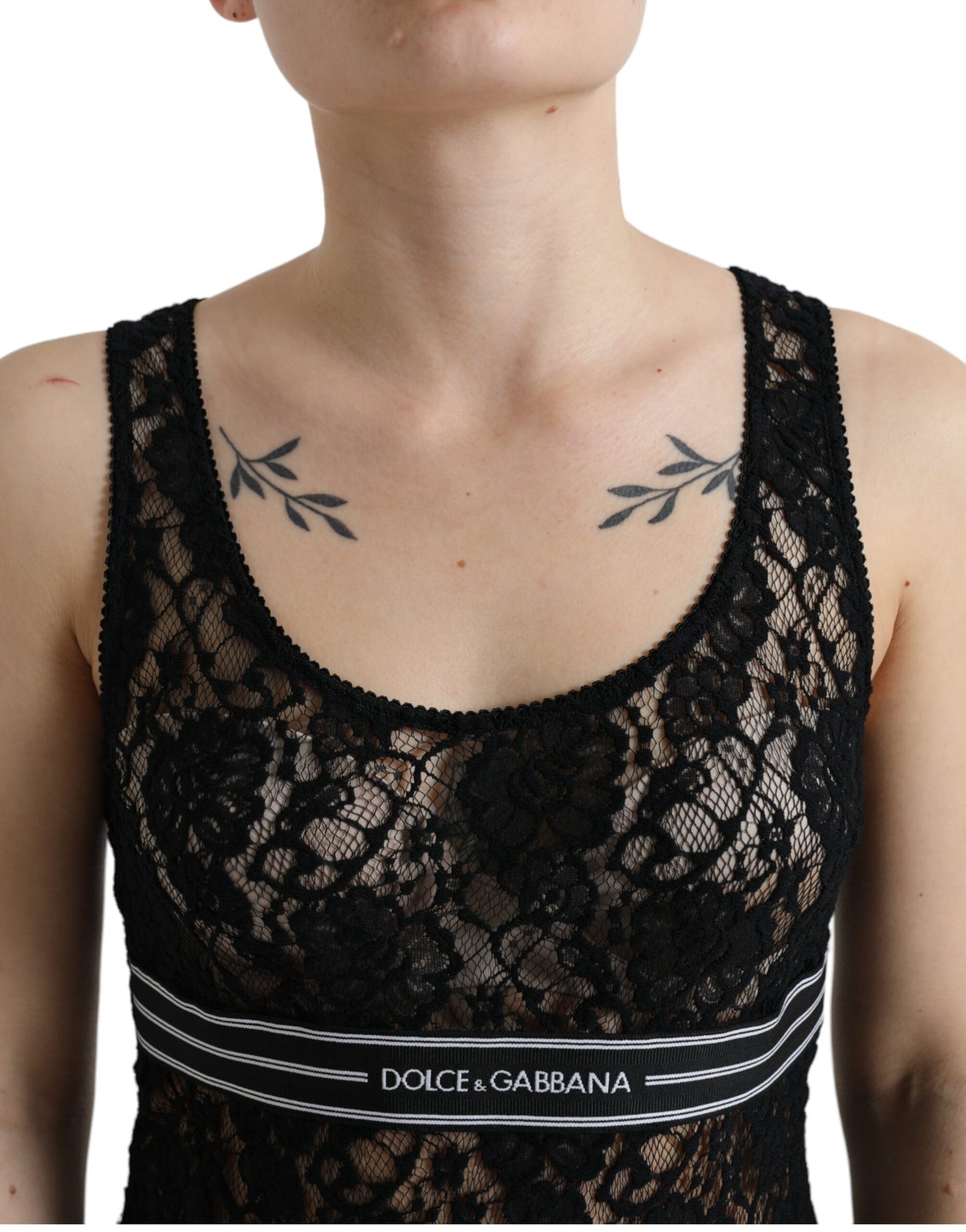 Dolce & Gabbana Schwarzes Logo-Streifen-Spitzen-Tank-Top ohne Ärmel