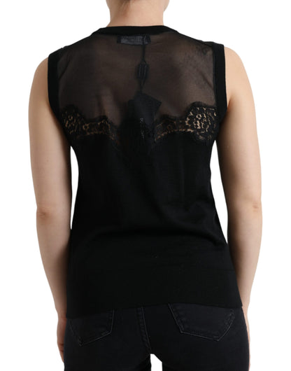Dolce & Gabbana Schwarzes ärmelloses Tank-Top mit Spitzenbesatz aus Kaschmir