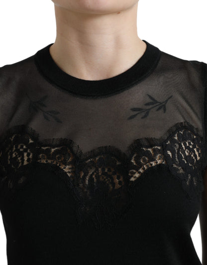 Dolce & Gabbana Schwarzes ärmelloses Tank-Top mit Spitzenbesatz aus Kaschmir