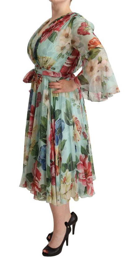 Dolce & Gabbana Multicolor Grün Floral Seiden Wickel Midikleid