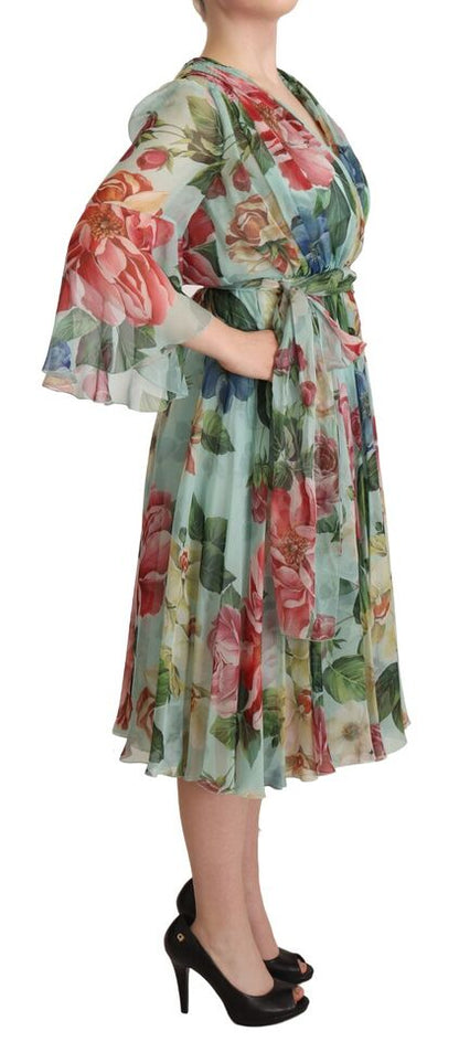 Dolce & Gabbana Multicolor Grün Floral Seiden Wickel Midikleid