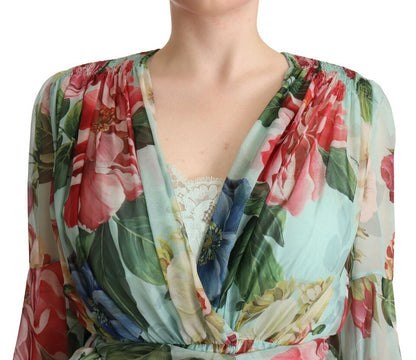 Dolce & Gabbana Multicolor Grün Floral Seiden Wickel Midikleid