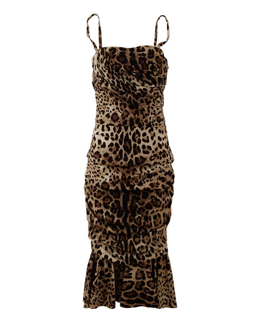 Dolce & Gabbana Braunes Midikleid mit Leopardenmuster und Rüschen