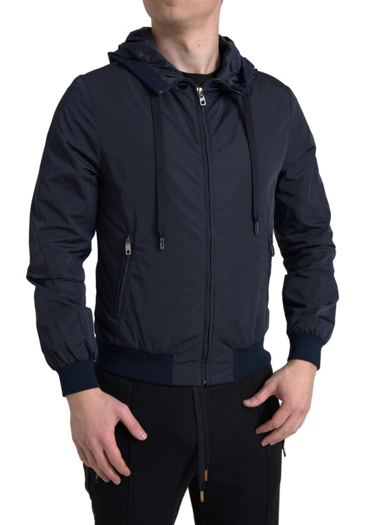 Dolce & Gabbana Blauer Logo-Pullover mit Kapuze und durchgehendem Reißverschluss aus Polyester