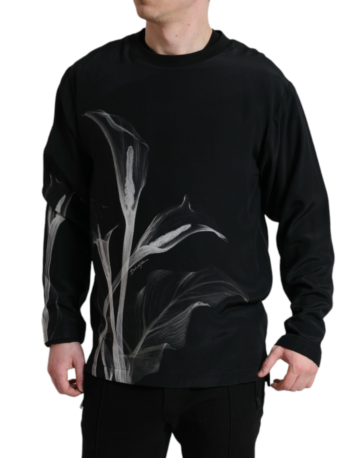 Dolce & Gabbana Schwarzer Pullover mit Blumendruck und Rundhalsausschnitt
