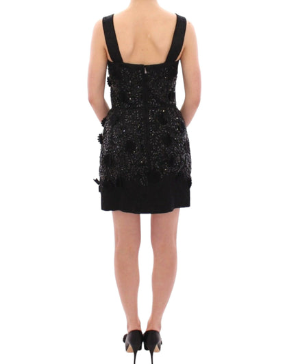 Dolce & Gabbana Schwarzes geblümtes, kristallbesetztes Kleid