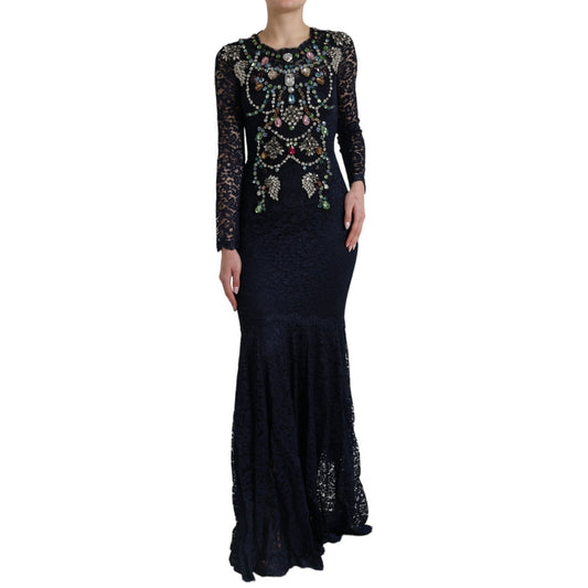 Dolce & Gabbana Blaues Kleid aus geblümter Spitze mit Kristall