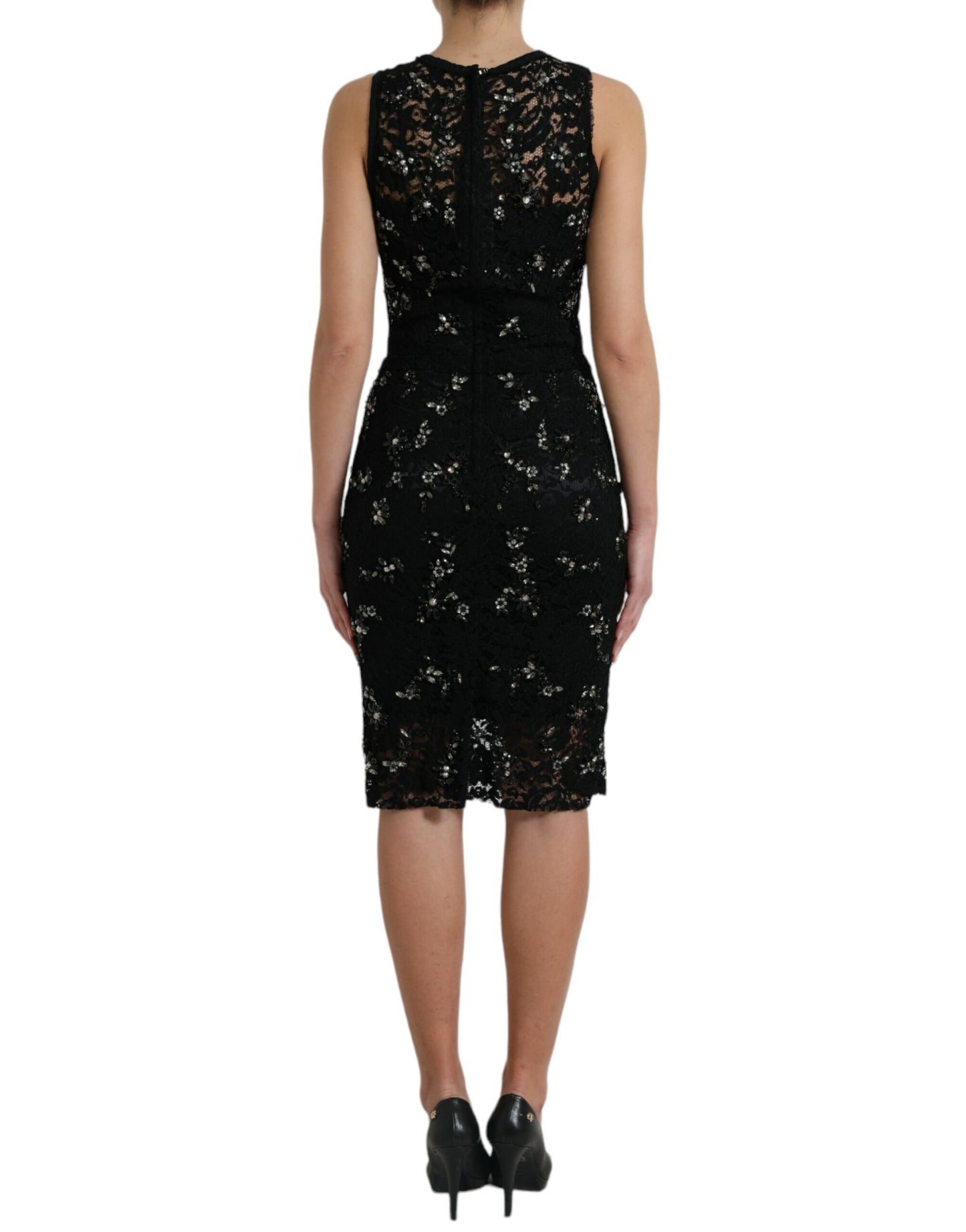Dolce & Gabbana Schwarzes Etuikleid mit floraler Spitze und Kristall