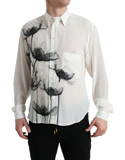 Dolce & Gabbana Weißes geblümtes Kleid mit Kragen Seidenhemd