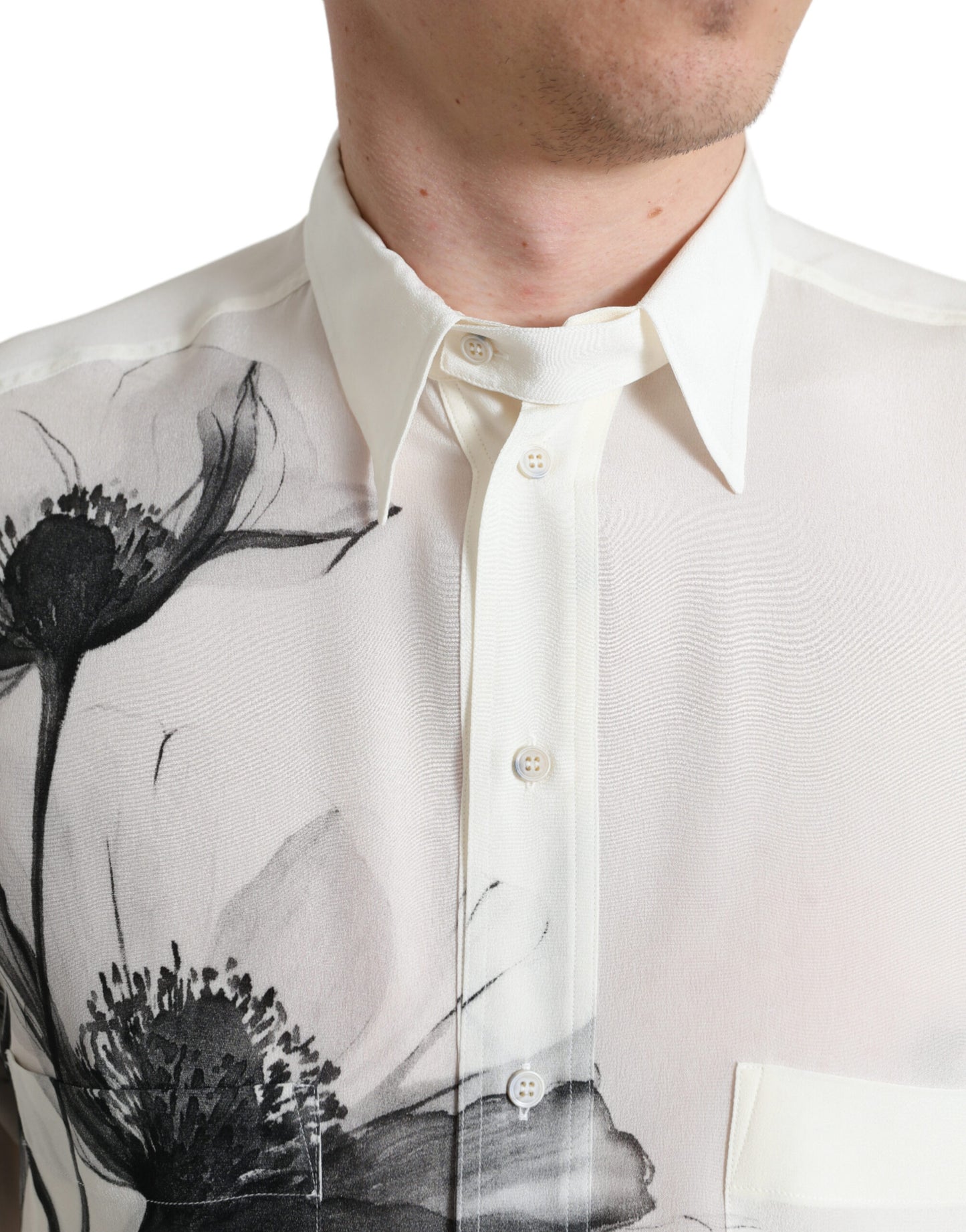 Dolce & Gabbana Weißes geblümtes Kleid mit Kragen Seidenhemd