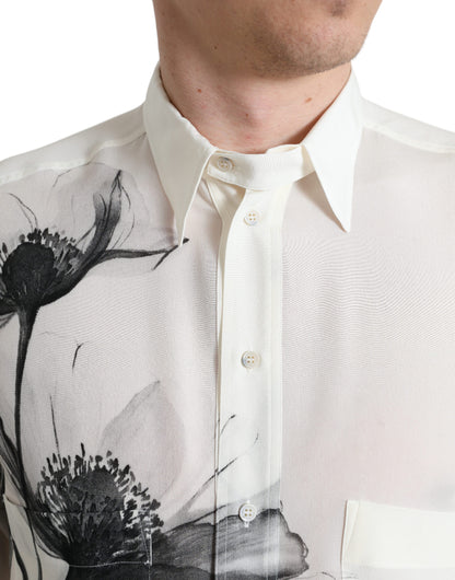 Dolce & Gabbana Weißes geblümtes Kleid mit Kragen Seidenhemd