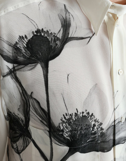 Dolce & Gabbana Weißes geblümtes Kleid mit Kragen Seidenhemd