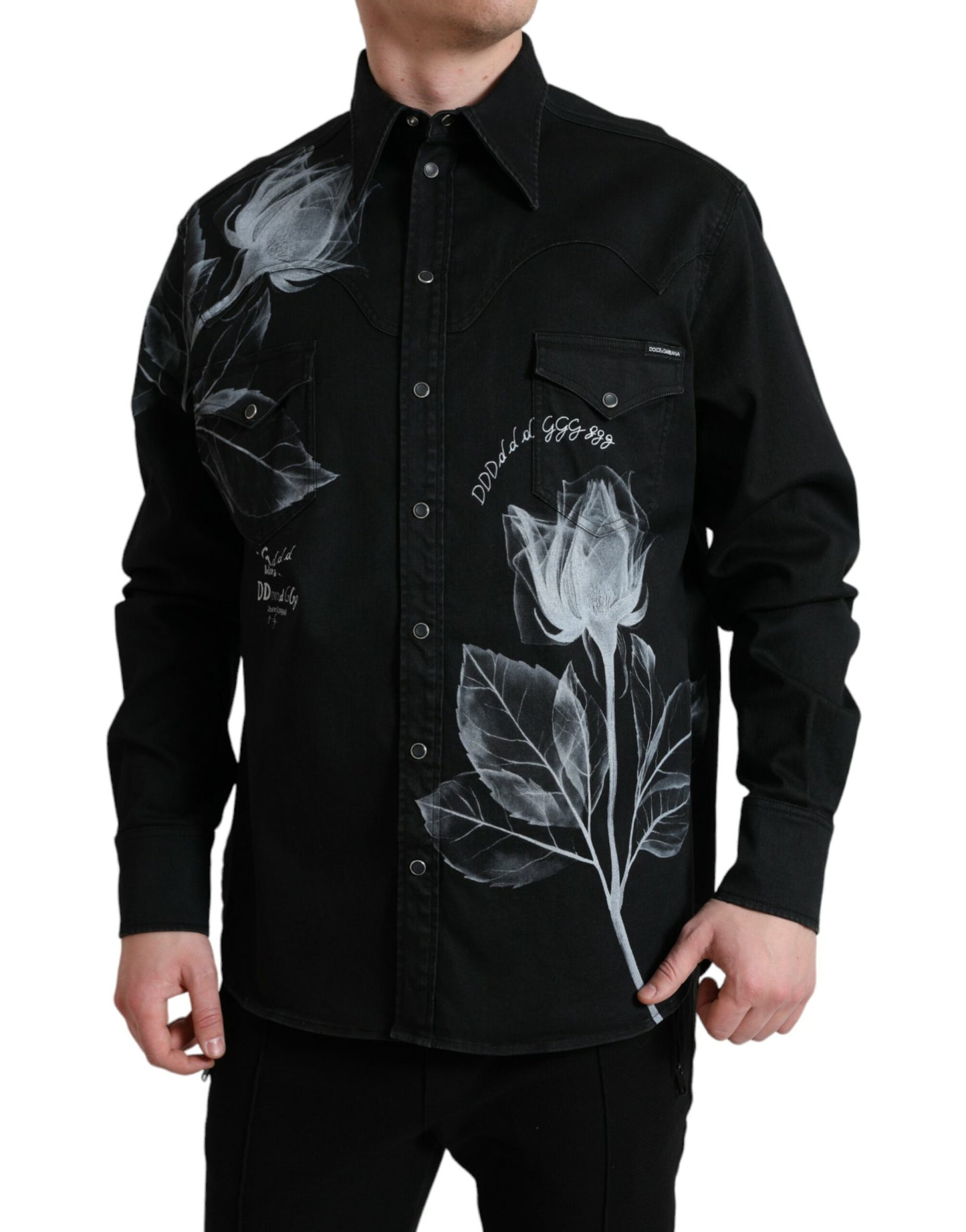 Dolce & Gabbana Schwarzes geblümtes Baumwollhemd mit Kragen