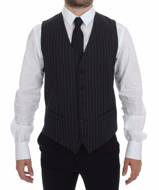 Dolce & Gabbana Grau gestreifte Woll-Logo-Weste Gilet Weste