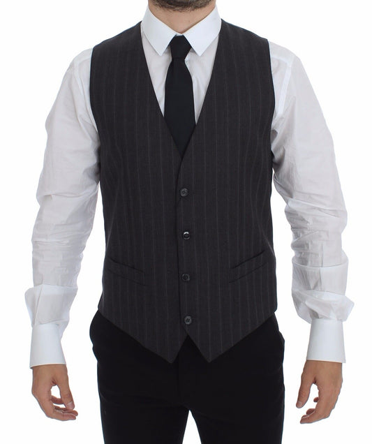 Dolce & Gabbana Grau gestreifte Woll-Logo-Weste Gilet Weste