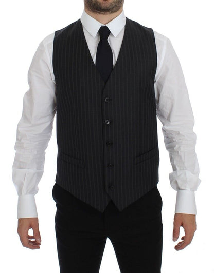 Dolce & Gabbana Grau gestreifte Woll-Logo-Weste Gilet Weste