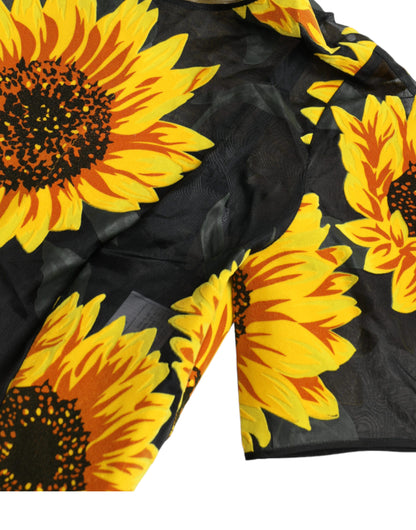 Dolce & Gabbana Schwarzes Midikleid mit Sonnenblumendruck aus Nylon in A-Linie