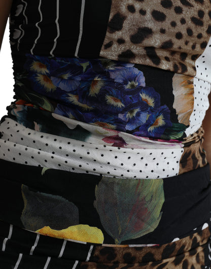 Dolce & Gabbana Mehrfarbiges Patchwork Midi-Leopard-Bodycon-Kleid mit Blumenmuster