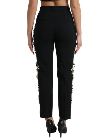 Dolce & Gabbana Schwarze Hose mit Blumenapplikation und hoher Taille, konisch zulaufend
