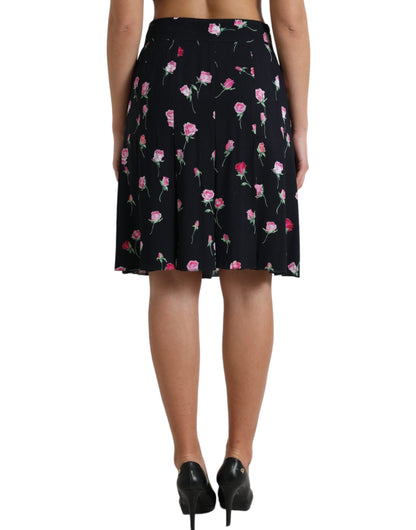 Dolce & Gabbana Schwarzer Rosenrock mit hoher Taille und knielanger A-Linie