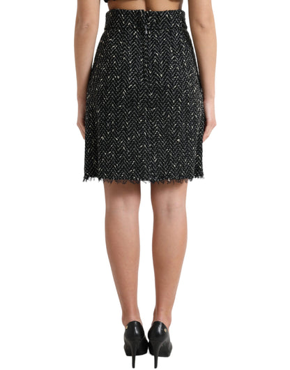 Dolce & Gabbana Schwarzer Tweed-Wollstrick-Minirock mit hoher Taille