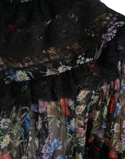 Dolce & Gabbana Schwarzes Blusentop mit Blumendruck und langen Ärmeln