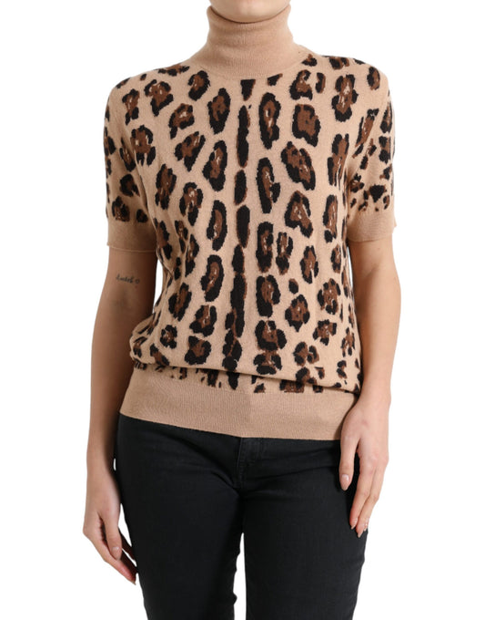 Dolce & Gabbana Beigefarbenes Rollkragenpullover aus Wolle mit Leopardenmuster
