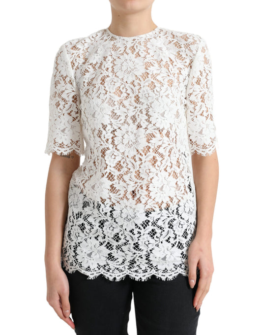 Dolce & Gabbana Weißes Blusentop aus Baumwolle mit Blumenmuster und Rundhalsausschnitt