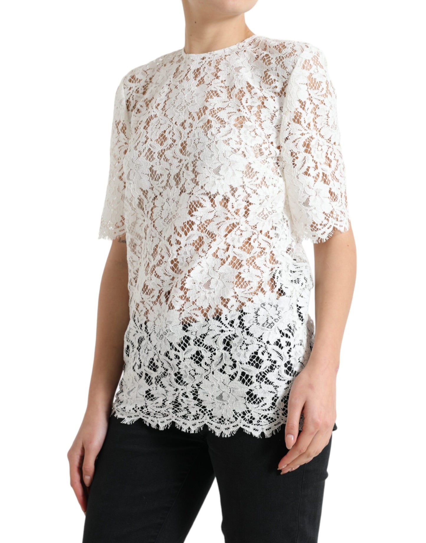 Dolce & Gabbana Weißes Blusentop aus Baumwolle mit Blumenmuster und Rundhalsausschnitt