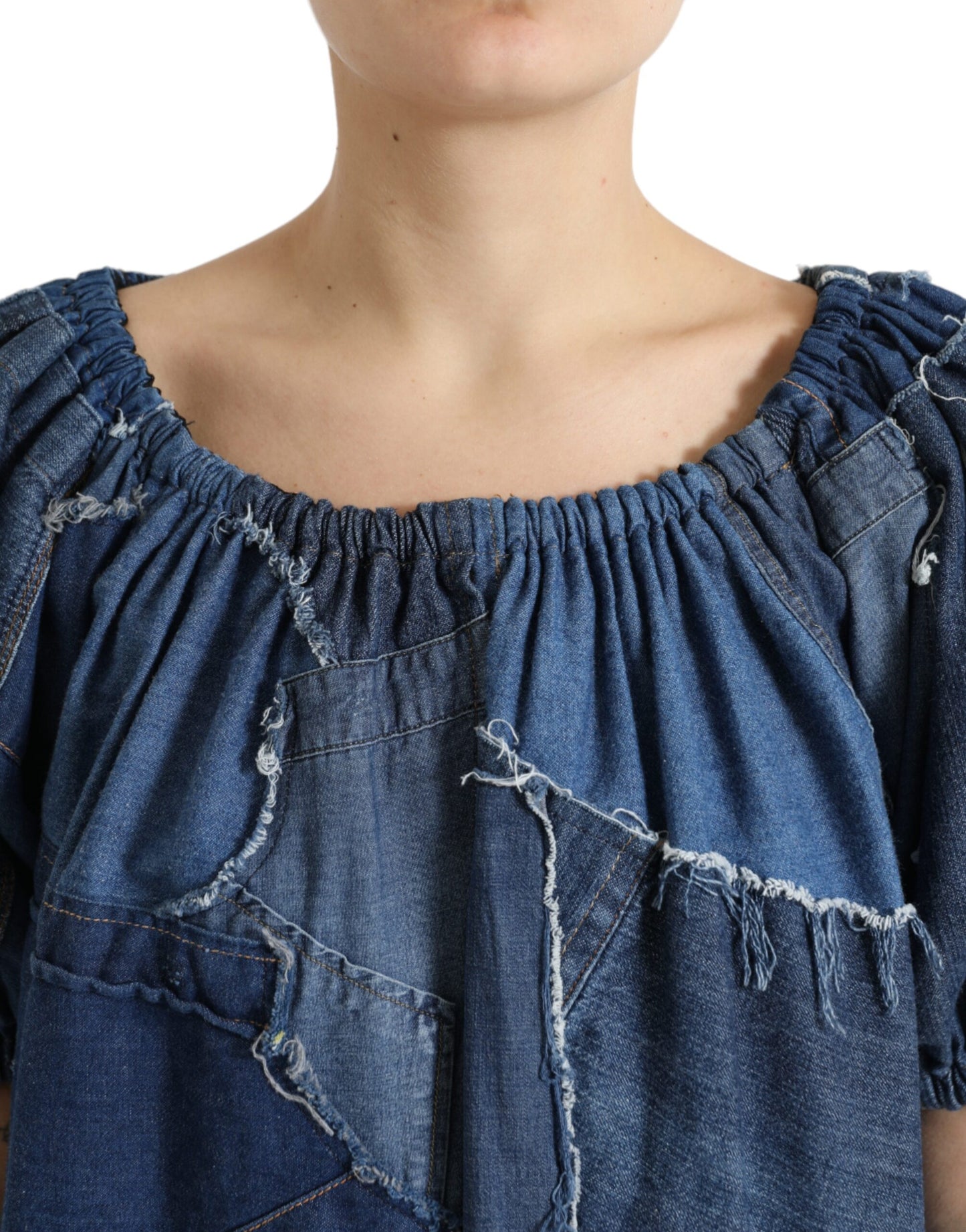 Dolce & Gabbana Blaues Patchwork Denim-Blusen-Top mit kurzen Ärmeln