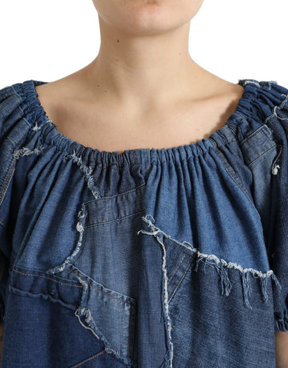Dolce & Gabbana Blaues Patchwork Denim-Blusen-Top mit kurzen Ärmeln