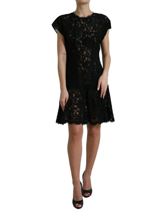 Dolce & Gabbana Schwarzes A-Linien-Minikleid aus Baumwolle mit floraler Spitze