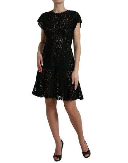 Dolce & Gabbana Schwarzes A-Linien-Minikleid aus Baumwolle mit floraler Spitze