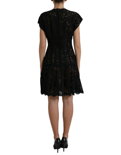 Dolce & Gabbana Schwarzes A-Linien-Minikleid aus Baumwolle mit floraler Spitze