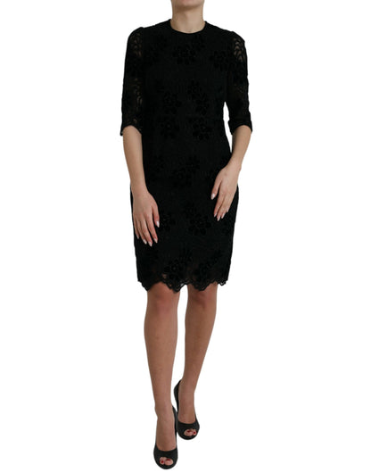 Dolce & Gabbana Schwarzes Bodycon-Kleid aus Baumwolle mit floraler Spitze
