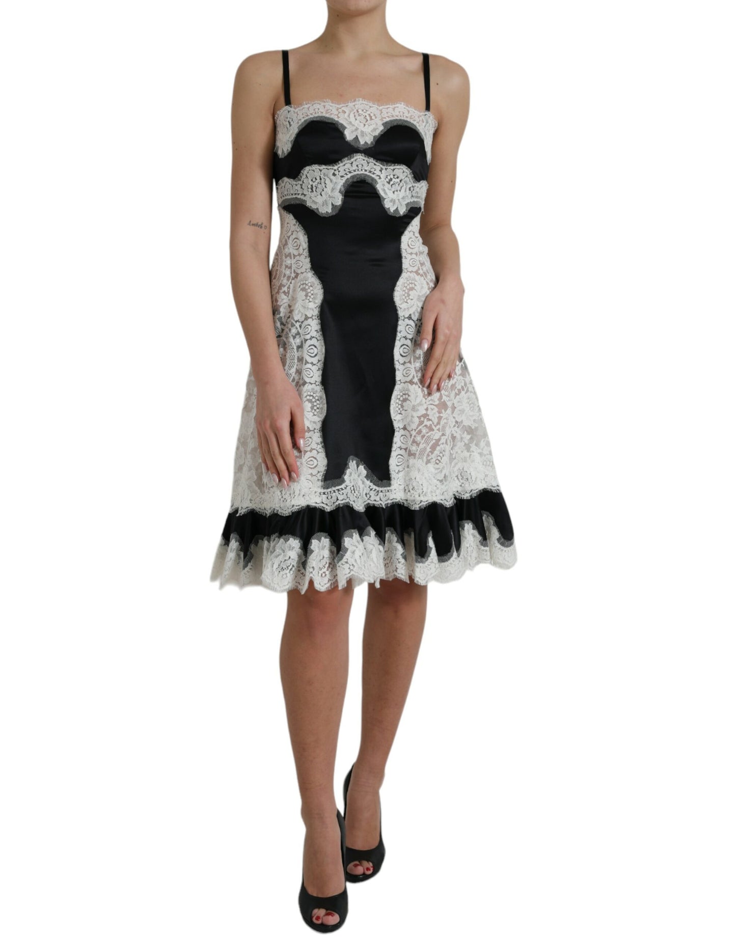 Dolce & Gabbana Schwarz-weißes ärmelloses Kleid aus Spitze mit A-Linie