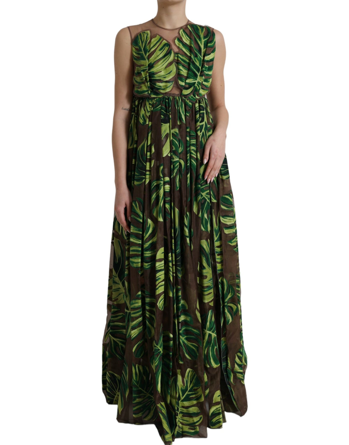 Dolce & Gabbana Grünes ärmelloses langes Maxikleid mit Bananenblättern