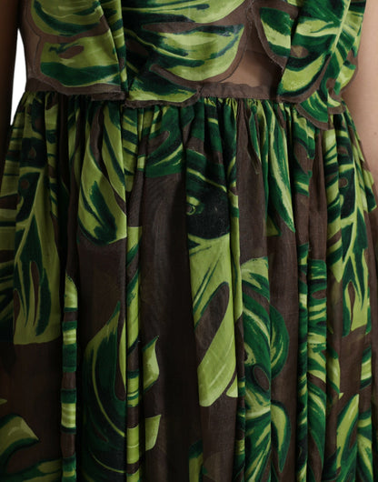 Dolce & Gabbana Grünes ärmelloses langes Maxikleid mit Bananenblättern