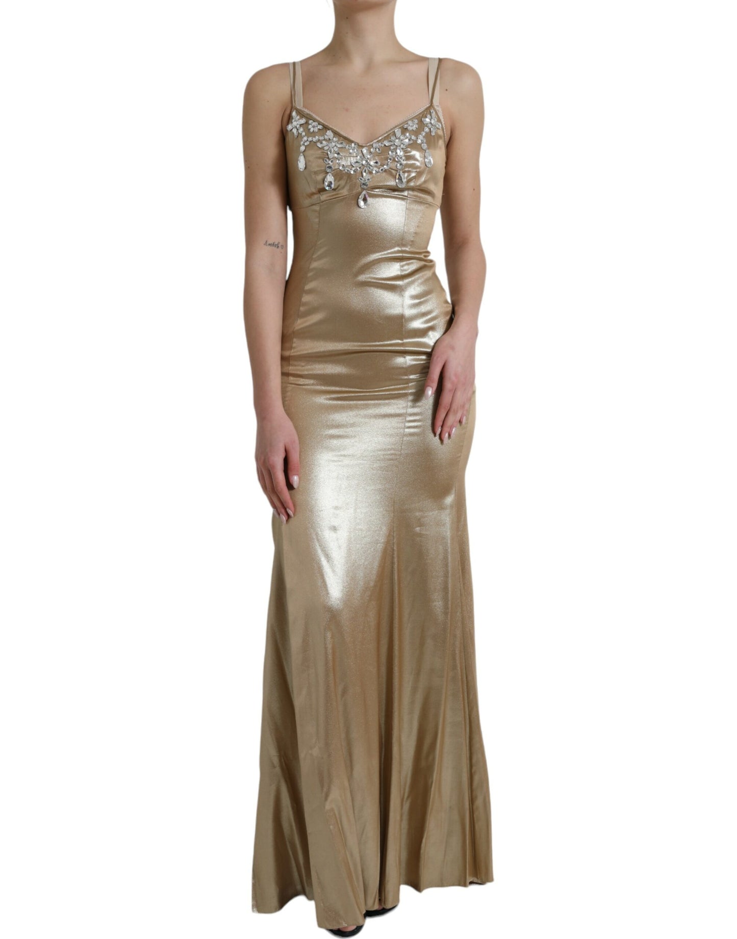 Dolce &amp; Gabbana Elegant Gold Metallic Sheath Dress with Crystals