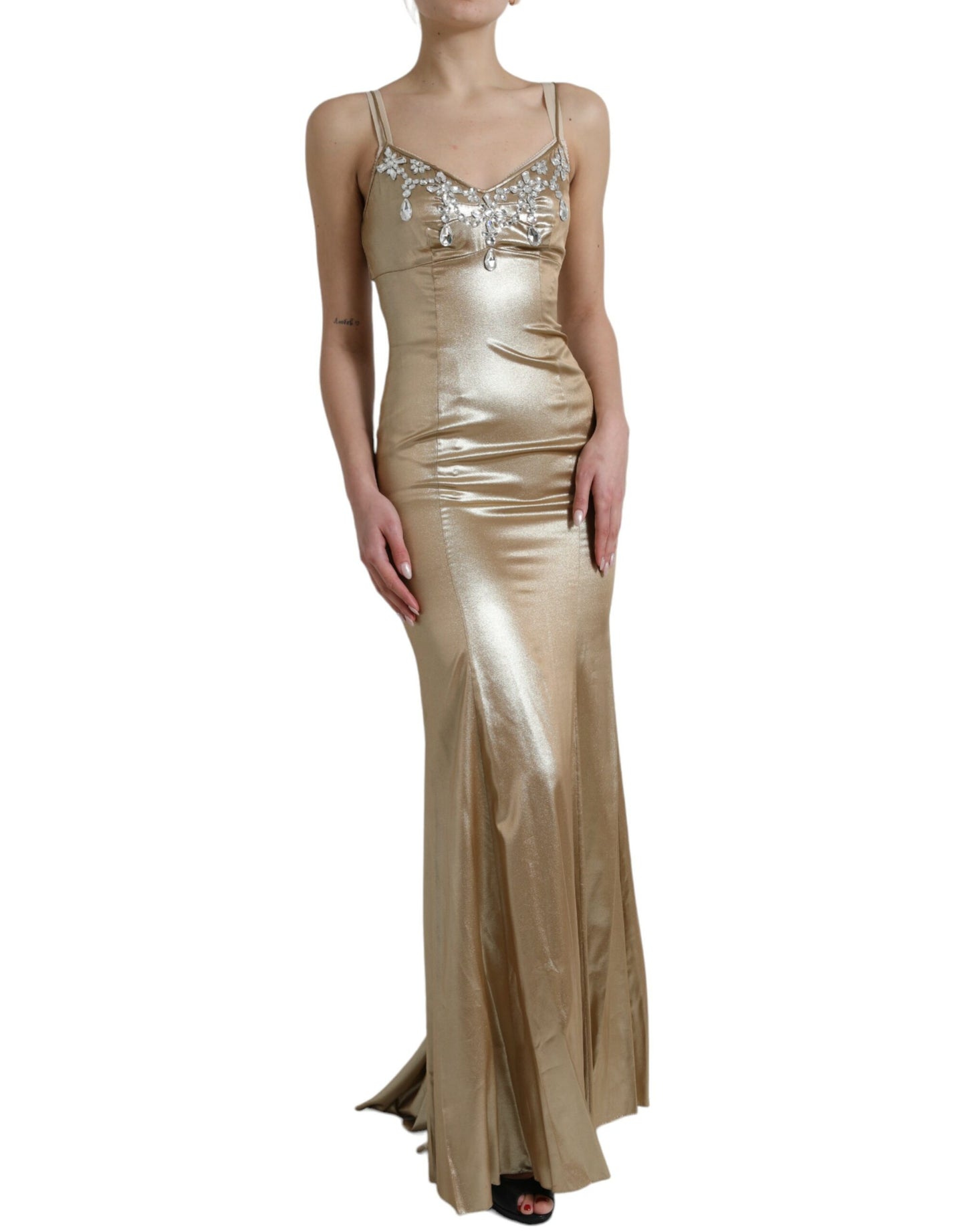 Dolce &amp; Gabbana Elegant Gold Metallic Sheath Dress with Crystals