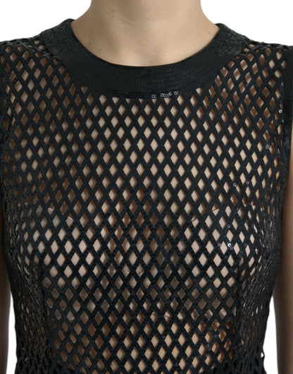 Dolce & Gabbana Schwarzes paillettenbesetztes, ärmelloses Kleid aus Mesh