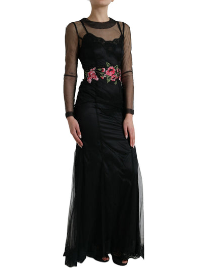 Dolce & Gabbana Schwarzes Kleid mit floraler Stickerei aus Mesh-Tüll