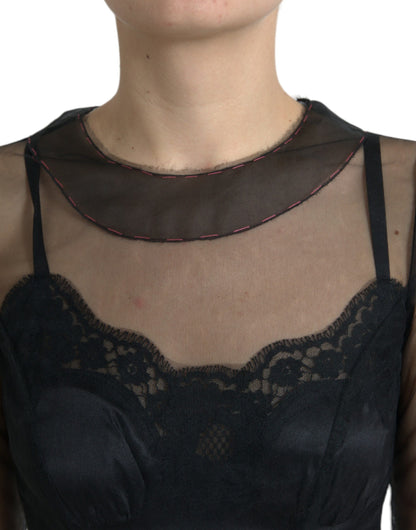 Dolce & Gabbana Schwarzes Kleid mit floraler Stickerei aus Mesh-Tüll