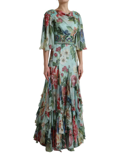 Dolce & Gabbana Blaues gestuftes Maxikleid mit Blumendruck