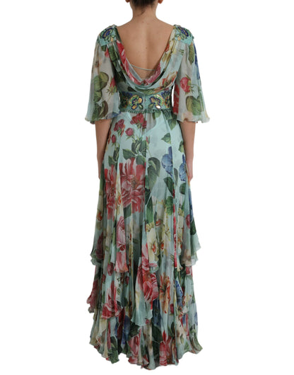 Dolce & Gabbana Blaues gestuftes Maxikleid mit Blumendruck