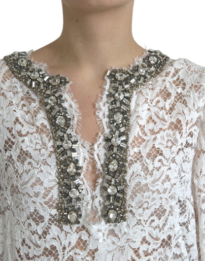 Dolce & Gabbana Weißes, kristallverziertes Etuikleid aus Spitze
