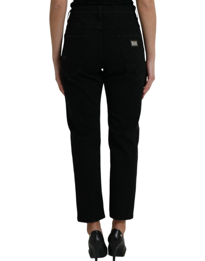 Dolce & Gabbana Schwarze Baumwolljeans mit hoher Taille aus zerfetztem Denim
