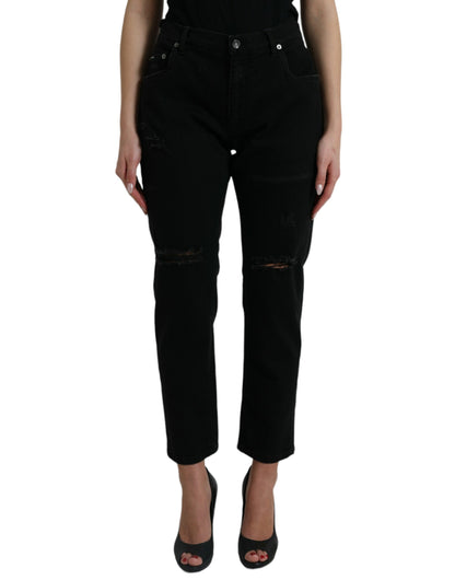 Dolce & Gabbana Schwarze Baumwolljeans mit hoher Taille aus zerfetztem Denim